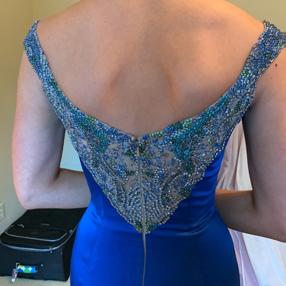 Sherri Hill Couture Satin Pageant Original One of a Kind Blue Dress With Train - Picture 4 of 6